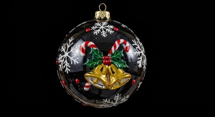 Festive Black Christmas Ornament with Candy Canes, Holly, and Bells