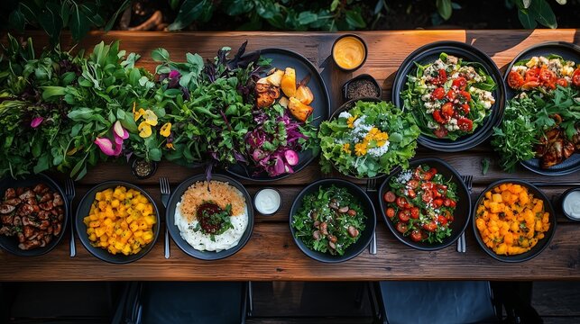 Colorful assortment of fresh salads and vibrant dishes arranged on a wooden table, showcasing healthy eating and culinary creativity