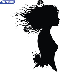 Graceful Woman Silhouette Vector with Wild Flowing Hair and Floral Accents - Beauty, Nature & Feminine Design Concept.