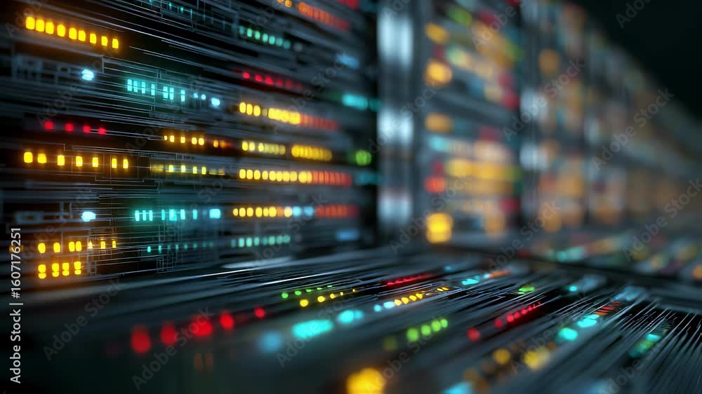 Poster server racks illuminated by blinking colorful lights, processing vast amounts of data in a cutting e