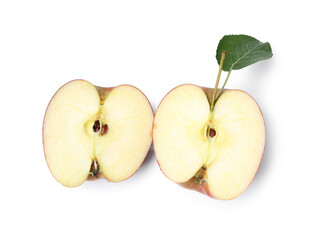 Halves of fresh apples with leaf isolated on white, top view