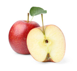 Half and whole red apples with leaf isolated on white