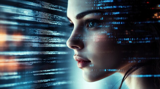 A woman's face with digital code overlay, set against a dark background with a blurred, colorful light effect.