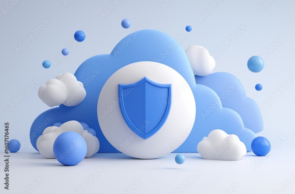 Poster a 3d illustration of blue and white clouds with a shield icon representing cloud security and data p