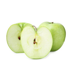 Cut and whole green apples isolated on white