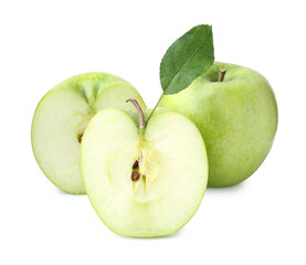 Cut and whole green apples with leaf isolated on white