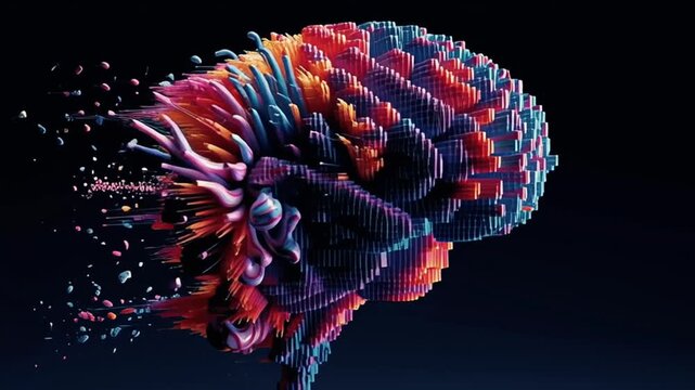 Digital wireframe brain glitching, breaking pixelated noise, transforming vibrant fluid abstract shapes flowing colorful geometry, concept surreal animation, futuristic glitch art meets creative explo