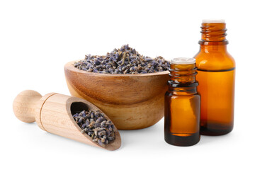 Natural essential oil and lavender flowers isolated on white