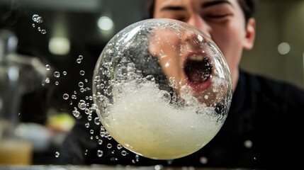Person popping a sphere of liquid