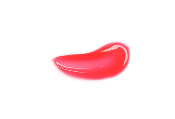 Bright red lip gloss isolated on white, top view