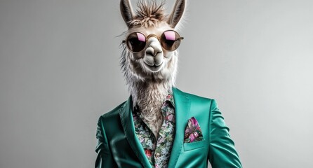 Elegant llama in light green suit and sunglasses on white Cool looking or alpaca wearing