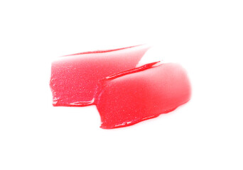 Bright red lip gloss isolated on white, top view