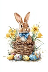 Cute rabbit with a blue bow sitting in a woven basket surrounded by colorful Easter eggs and blooming daffodils, celebrating springtime joy