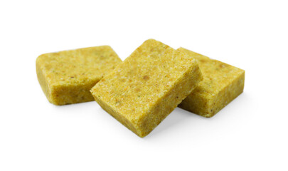 Tasty aromatic bouillon cubes isolated on white