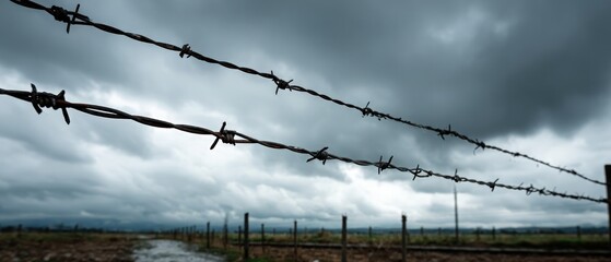 Two Strands of Barbed Wire Against Cloudy Sky Over Field