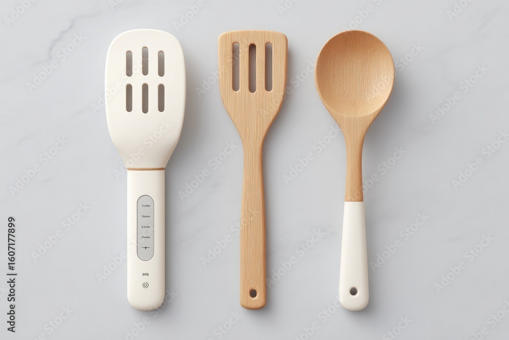 Poster flat 3d view of kitchen mitts timer and ladle with clear spacing shadows subtle on white
