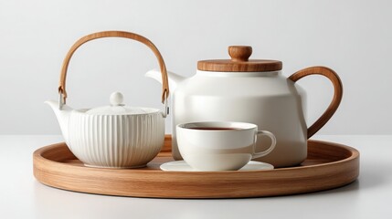 Two Teapots, Tea Cup, and Saucer on a Wooden Tray