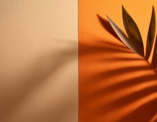 orange and beige summer color background with tropical palm shadow two trend pastel paper and exotic plant shade layout minimal flat lay with leaf silhouette overlay