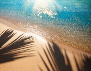 palm leaf shadow on sand beach background with sun glitter on water surface
