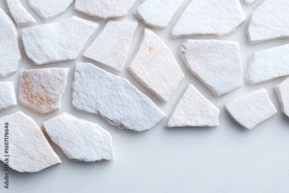 Poster flat lay of broken ceramic shards forming abstract irregular pattern clean off-white surface as back