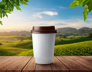 coffee cup product display mockup with leafs and farmlands view stand on wooden table