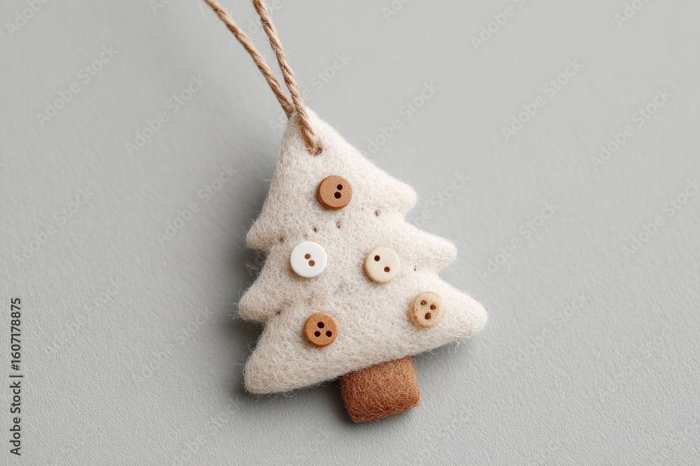 Poster flat lay of handmade christmas tree ornament made of felt and buttons on neutral background with cop