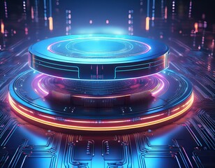 two tiered domed platform with neon lights around it situated on top of a futuristic electronic circuit board generative ai