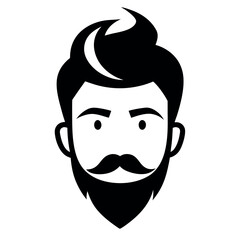 Man's Face Icon with Stylish Hairstyle, Beard, and Mustache in Black and White