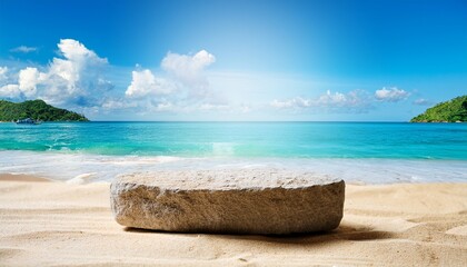 summer sand beach and tropical sea background with abstract stone podium for product display