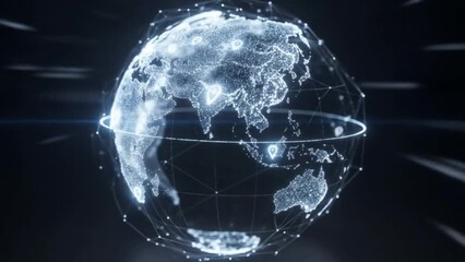 Spinning digital holographic Earth model with glowing network nodes and data lines, visualizing global AI connectivity and futuristic communication technology

 - Powered by Adobe