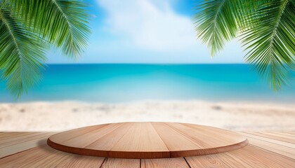 wood podium on tropical sand beach with blurred blue sea sky and palm tree leaves background