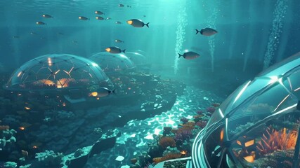 An underwater futuristic city domes, glowing aquatic highways AI-guided submersible pods, bio-engineered jellyfish coral skyscrapers grid, schools robotic fish structures, deep sea surreal colors 4k - Powered by Adobe
