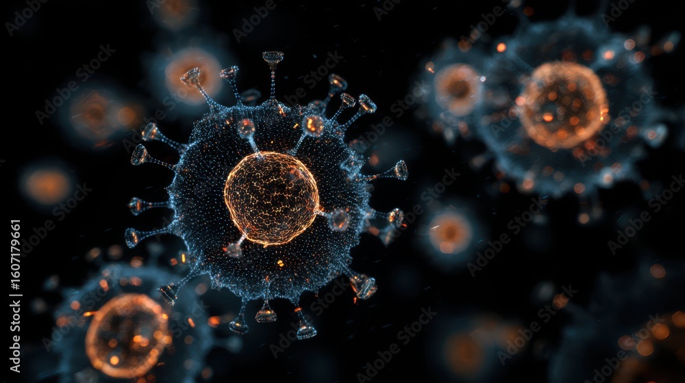 Poster glowing particles representing computer virus visualization concept