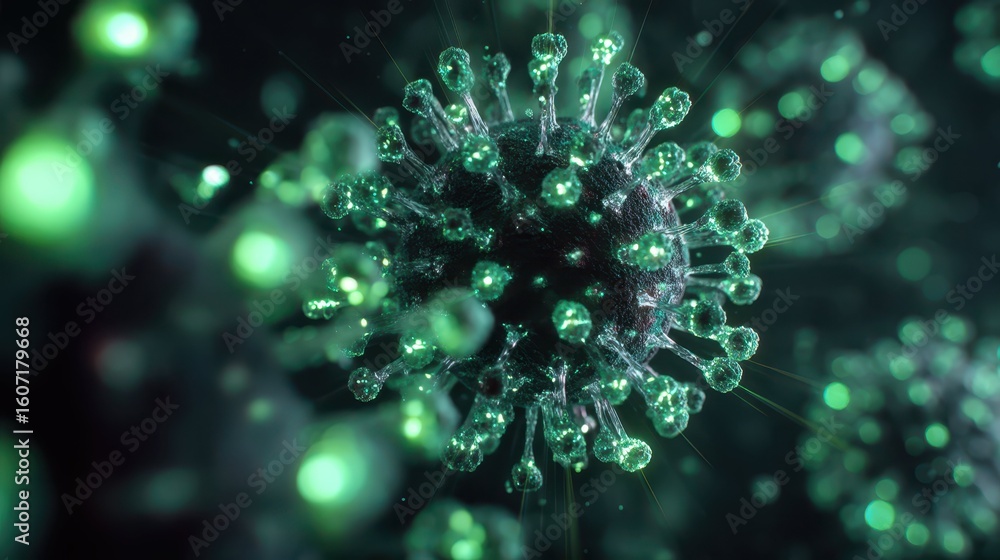 Poster glowing particles represents computer virus error visualization concept