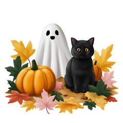 Fototapeta premium Black Cat with Ghost and Pumpkins in Autumn Setting