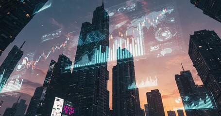 Urban skyline with digital data overlay at sunset - Powered by Adobe