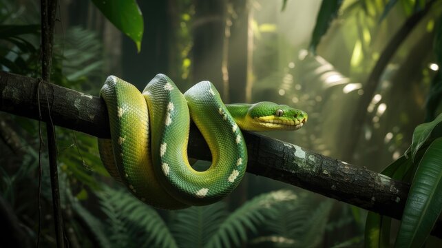 Vibrant green tree python coiled on branch in lush tropical rainforest environment