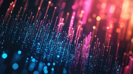 A vibrant, abstract digital art piece with pink and blue light trails against a black background. The artwork features a futuristic, digital aesthetic with a mix of geometric shapes and glowing lines.