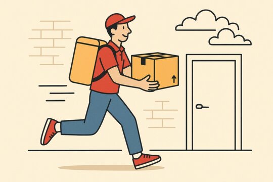 Swift Courier's Rush: An energetic delivery person, running to deliver a package promptly, embodying speed, service, and reliability with a touch of illustration charm. - Powered by Adobe