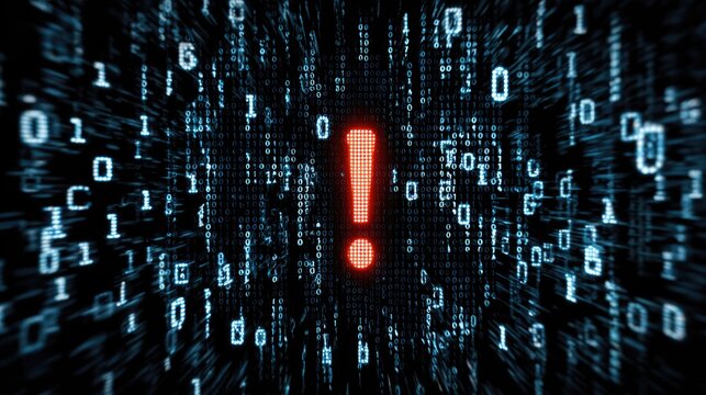 Digital Threat: Red Exclamation Mark Among Blue Binary Code Representing Cybersecurity Warning

