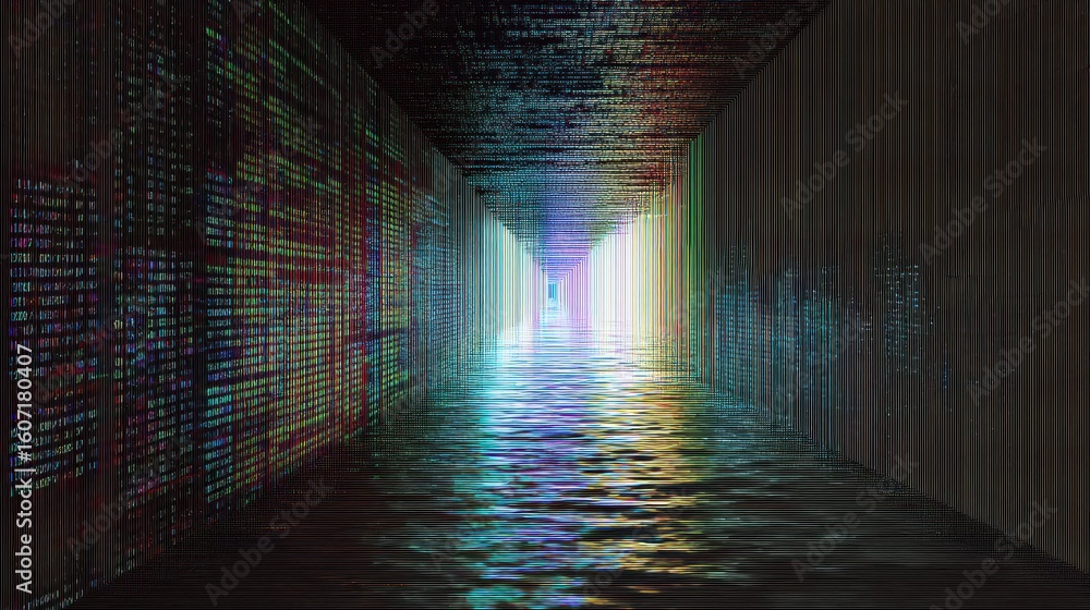 Aufkleber corrupted data stream flowing like a river through a digital tunnel