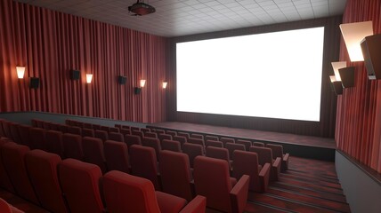 Empty movie theater auditorium with red seats and a blank screen
