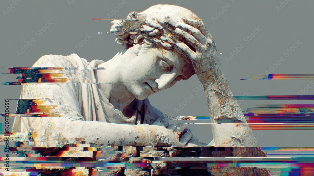 Poster digital corruption error effect on fragmented statue art piece