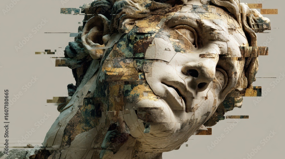 Poster fragmented digital statue with corruption and error effects