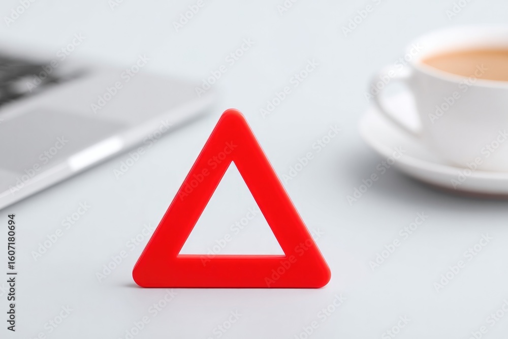 Aufkleber flat lay of red warning triangle card beside open laptop and coffee mug on white desk with copy spac