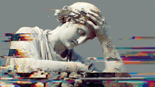Digital Corruption Error Effect on Fragmented Statue Art Piece