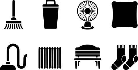 Broom fan trash bin pillow vacuum radiator bench socks vector