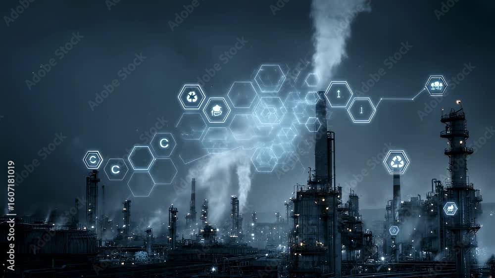 Poster futuristic interface showing carbon capture, recycling and information icons floating above a large 