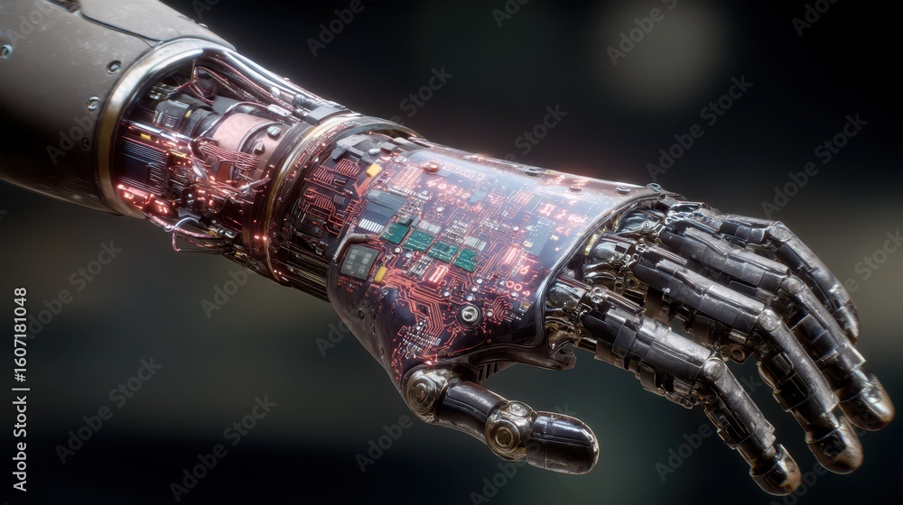 Poster cybernetic arm with visible malfunctions and circuit errors