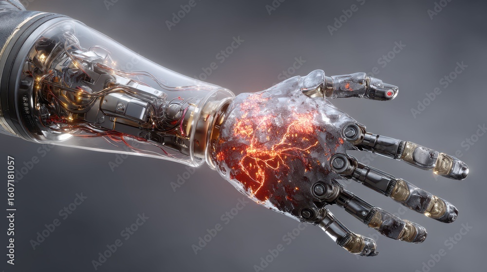 Poster Cybernetic Arm with Malfunctioning Features and Visible Errors